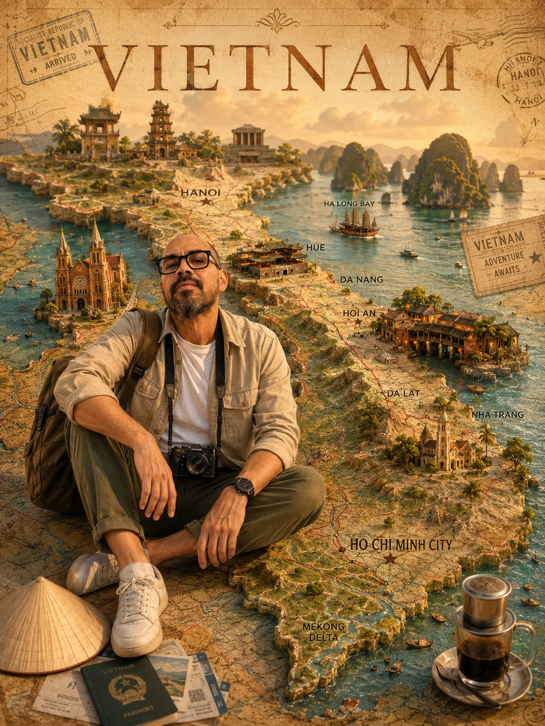 Dan sitting on an illustrated Vietnam travel map poster
