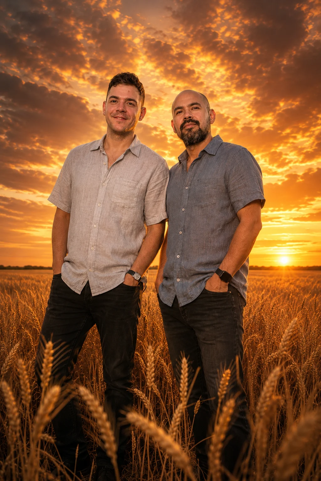 Josh and Dan standing together in a golden wheat field at sunset