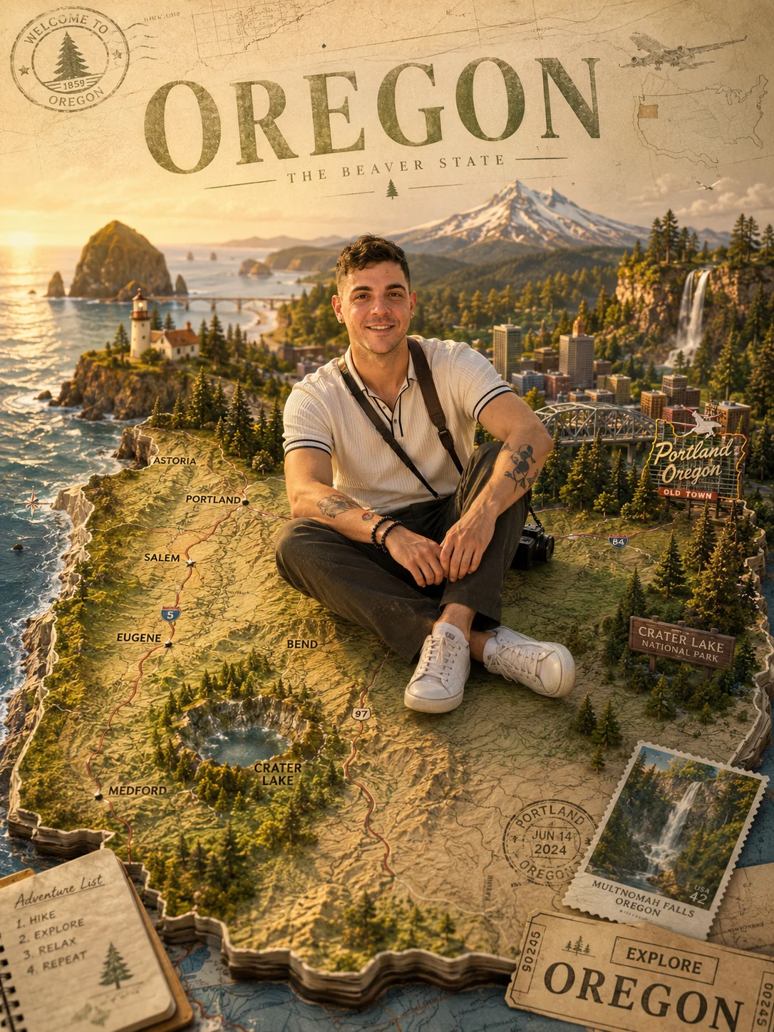 Josh sitting on an illustrated Oregon travel map poster
