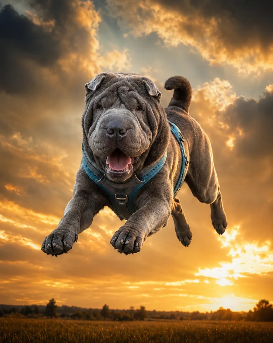 Tucker, a grey wrinkled shar-pei in a teal harness, running across a field at sunset