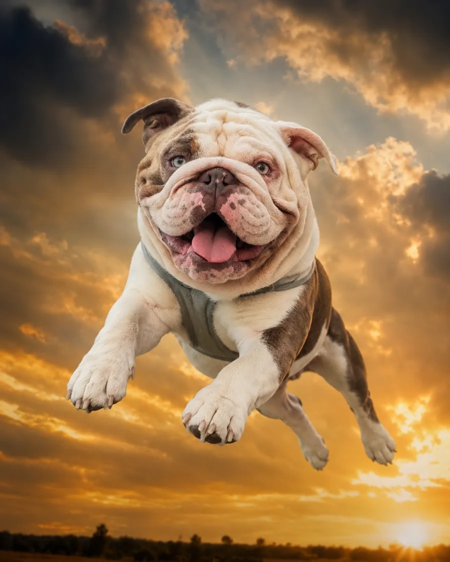 Yukon, a white and brown bulldog in a grey harness, bounding forward against a golden sunset sky