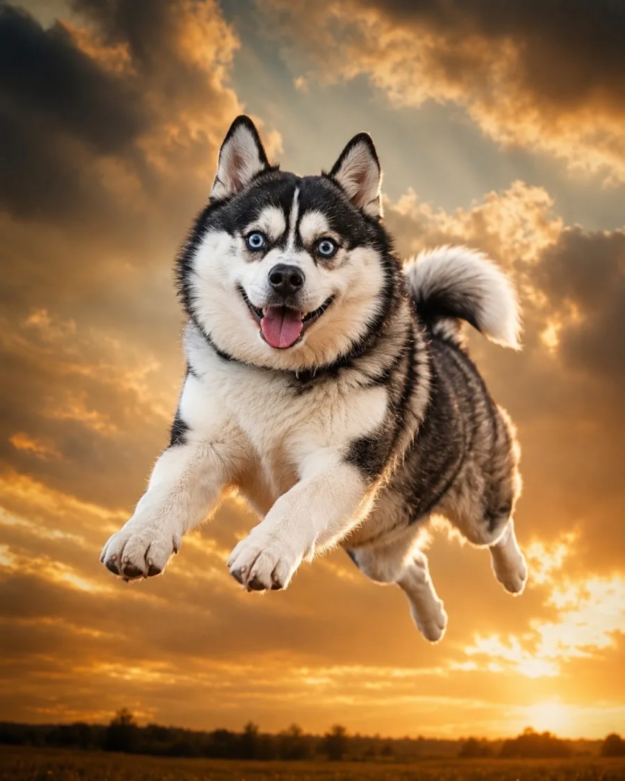 Waylon, a black and white husky with blue eyes, leaping through the air at sunset